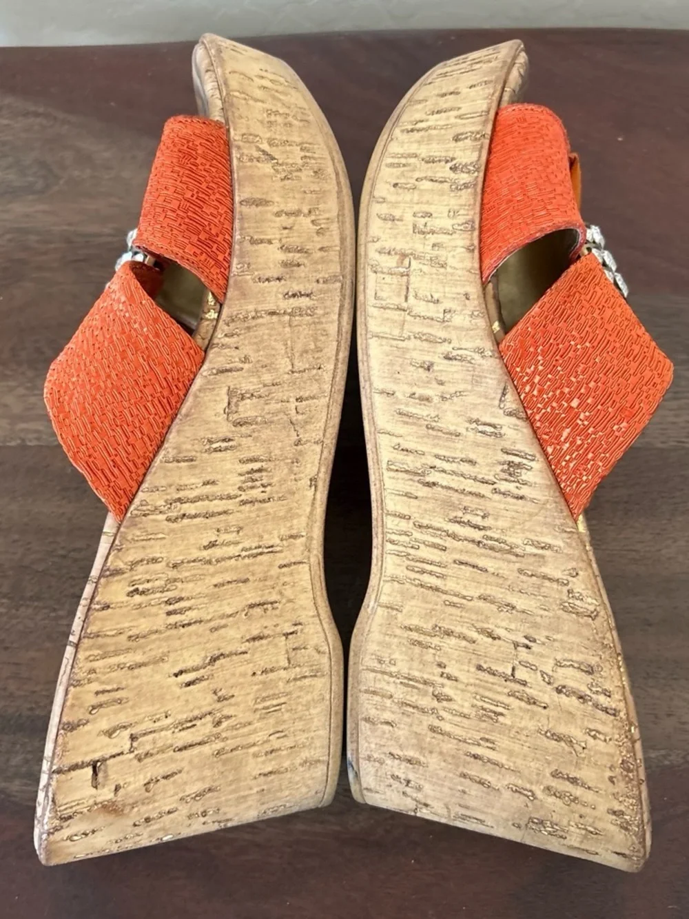 Vintage Degario Women's Orange Platform Wedge Slides with Rhinestone 8.5 USA